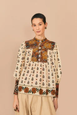 BEIGE AINIKA FLORAL LONG SLEEVE BLOUSE