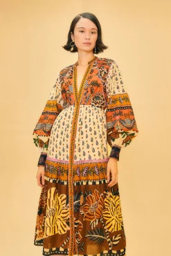 BEIGE AINIKA FLORAL V NECK MIDI DRESS