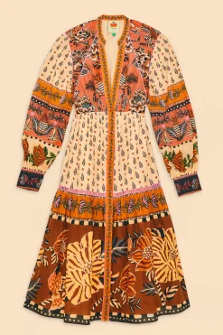 BEIGE AINIKA FLORAL V NECK MIDI DRESS