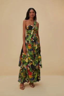 BIRD LEAVES SAND ONE SHOULDER MAXI DRESS
