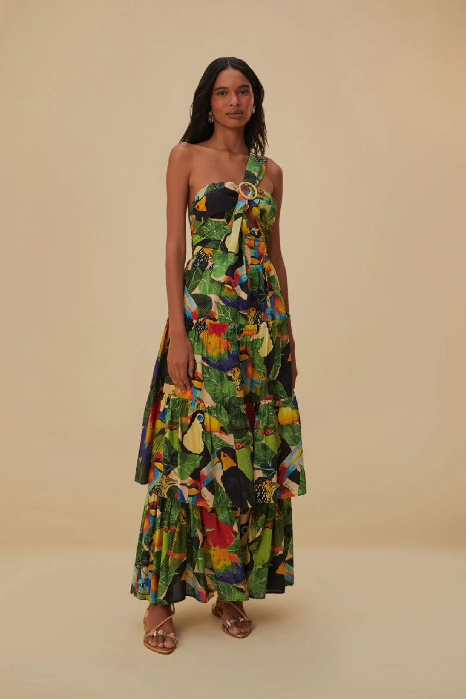 BIRD LEAVES SAND ONE SHOULDER MAXI DRESS