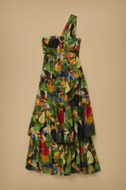 BIRD LEAVES SAND ONE SHOULDER MAXI DRESS