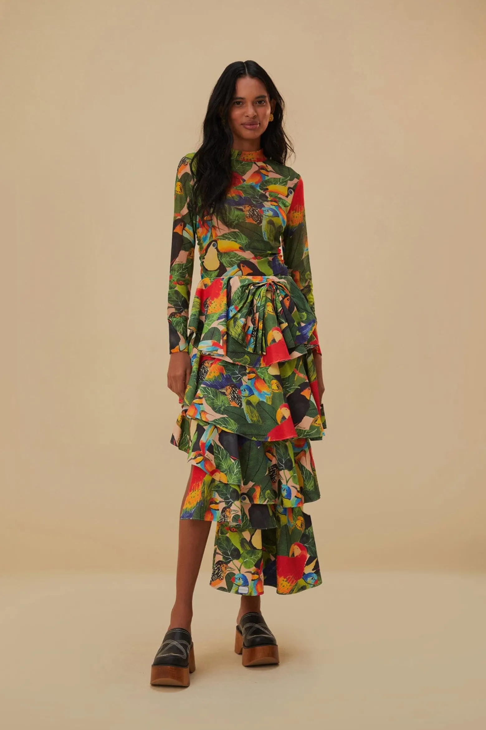BIRD LEAVES SAND TIERED BOW DETAIL MAXI SKIRT