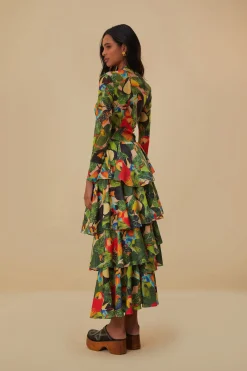 BIRD LEAVES SAND TIERED BOW DETAIL MAXI SKIRT