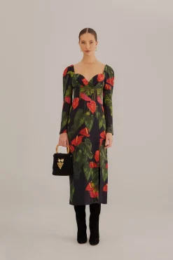 BLACK ANTHURIUM SLIT MIDI DRESS