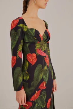  BLACK ANTHURIUM SLIT MIDI DRESS