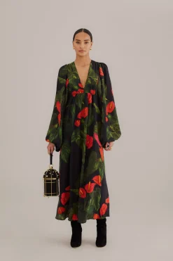 BLACK ANTHURIUM V NECK MAXI DRESS