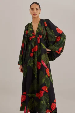  BLACK ANTHURIUM V NECK MAXI DRESS