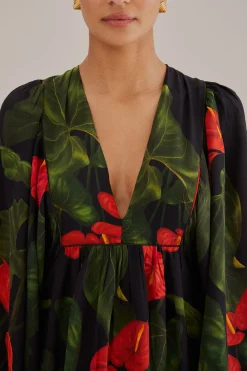  BLACK ANTHURIUM V NECK MAXI DRESS