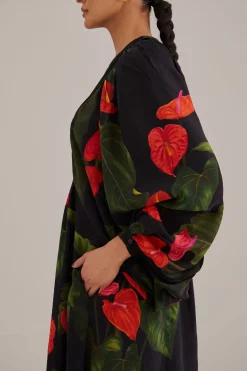  BLACK ANTHURIUM V NECK MAXI DRESS