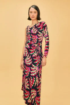 BLACK BANANA DOTS ONE SHOULDER MIDI DRESS