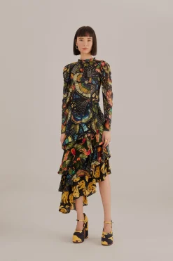 BLACK COLORFUL BIRDS TULLE BLOUSE