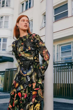  BLACK COLORFUL BIRDS TULLE BLOUSE
