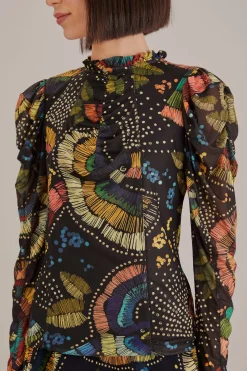 BLACK COLORFUL BIRDS TULLE BLOUSE