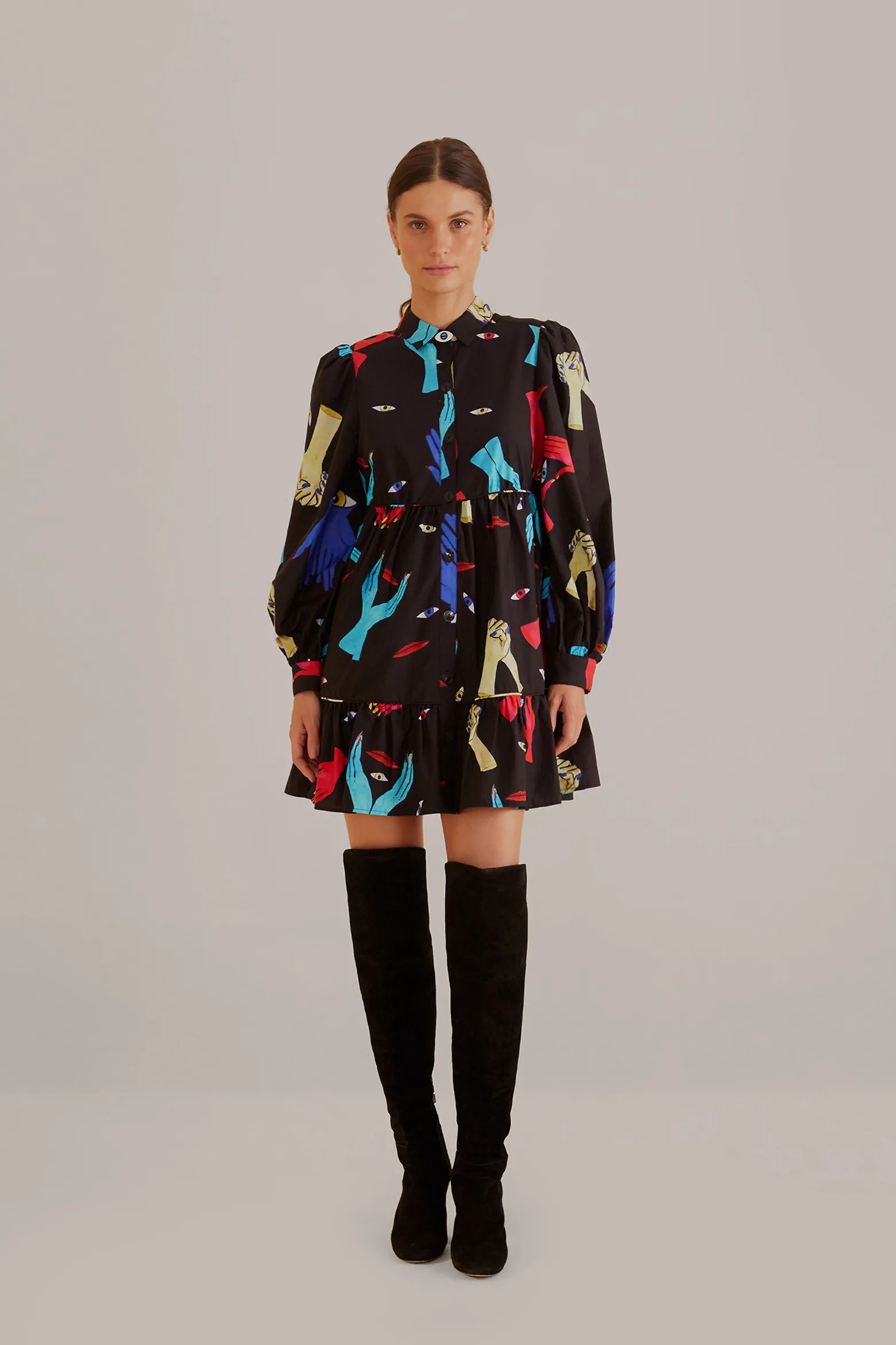 BLACK COLORFUL TOGETHER LONG SLEEVE MINI DRESS