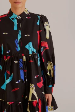 BLACK COLORFUL TOGETHER LONG SLEEVE MINI DRESS