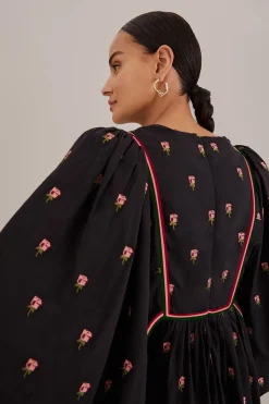 BLACK FLORAL EMBROIDERED V NECK MAXI DRESS