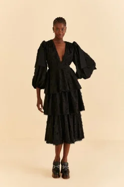 BLACK FLOWERS TEXTURED TIERED MIDI DRESS