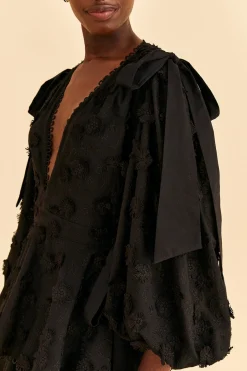  BLACK FLOWERS TEXTURED TIERED MIDI DRESS