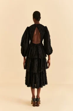  BLACK FLOWERS TEXTURED TIERED MIDI DRESS