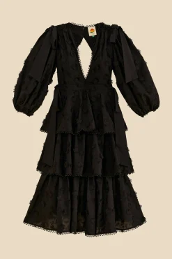  BLACK FLOWERS TEXTURED TIERED MIDI DRESS