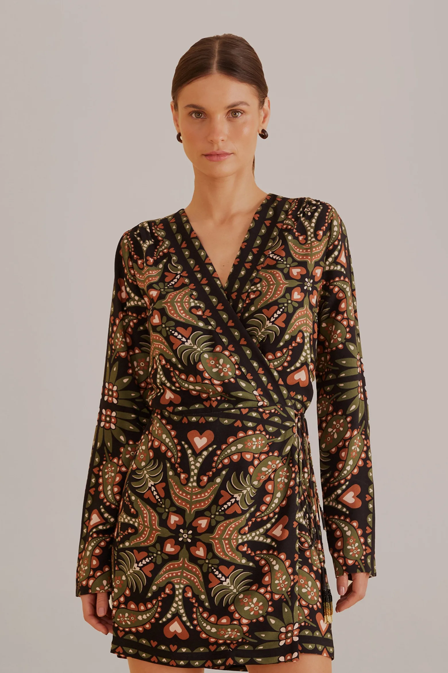 BLACK MARTINA SCARF LONG SLEEVE WRAP MINI DRESS