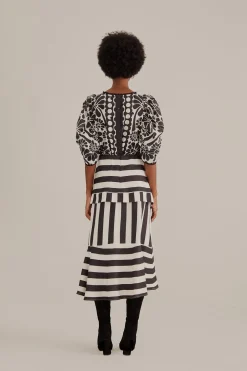  BLACK MIXED STRIPES MIDI SKIRT