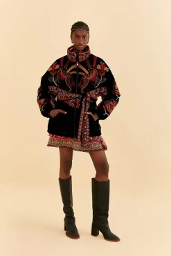BLACK NATURE BEAUTY EMBROIDERED PUFFER JACKET