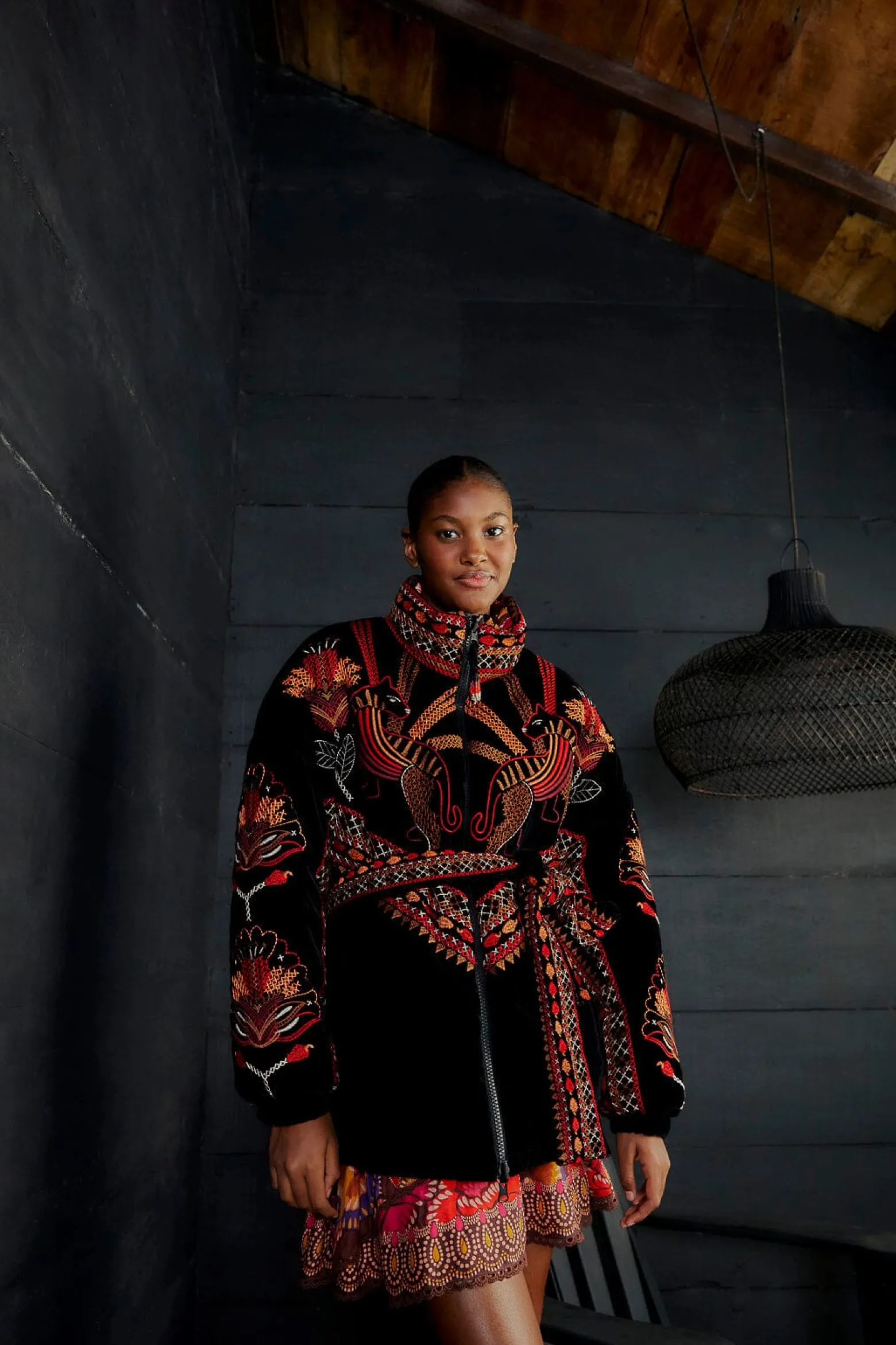BLACK NATURE BEAUTY EMBROIDERED PUFFER JACKET