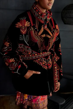 BLACK NATURE BEAUTY EMBROIDERED PUFFER JACKET