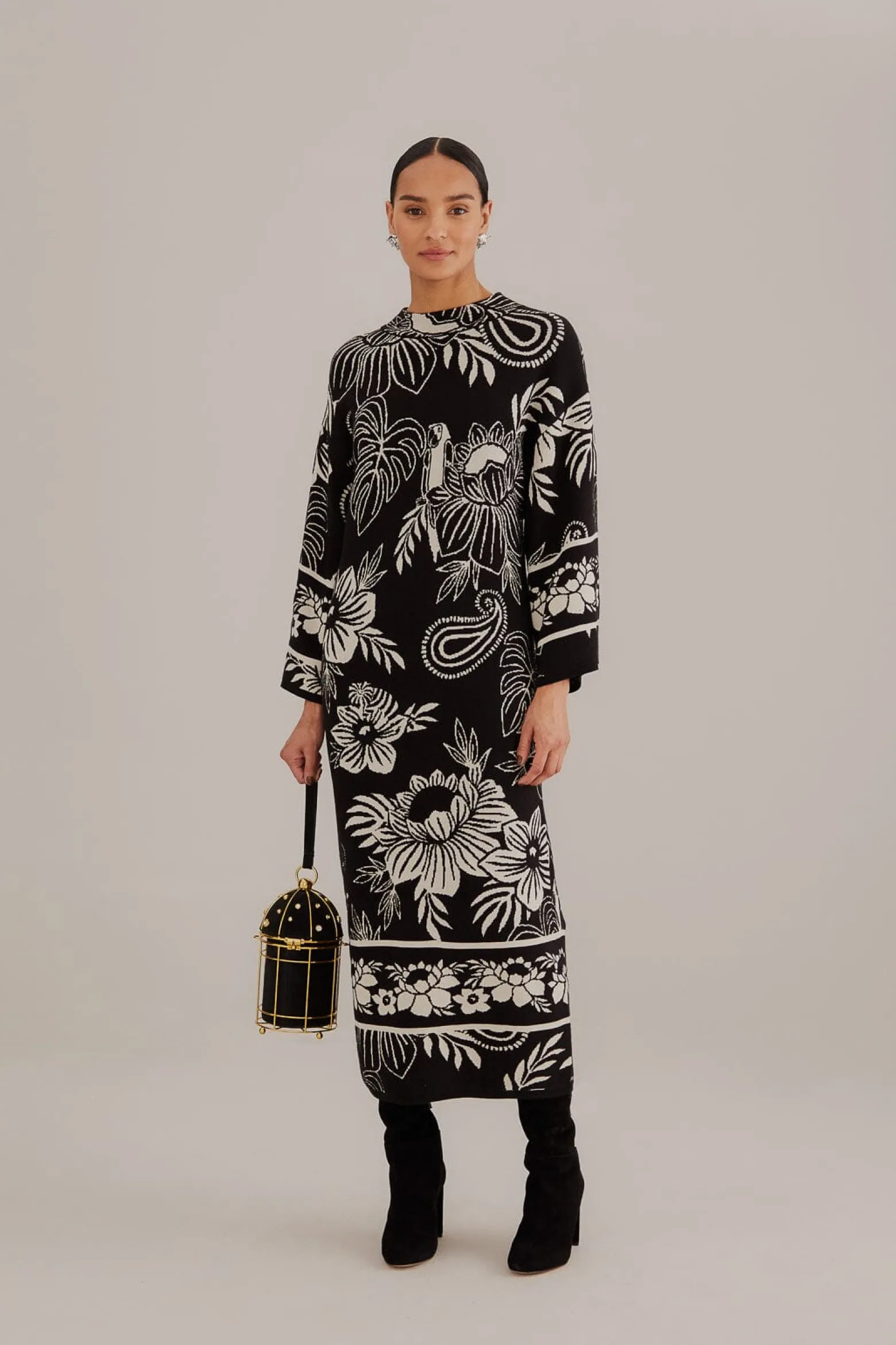 BLACK PAISLEY BLOOM KNIT DRESS