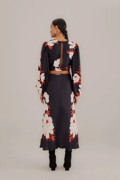 BLACK PEONY FRINGE MIDI SKIRT
