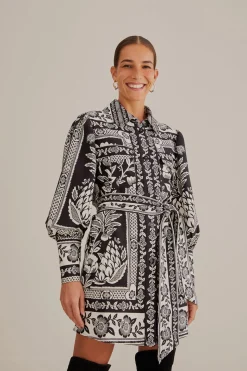 BLACK PINEAPPLE GARDEN LONG SLEEVE SHIRTDRESS