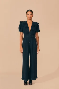 BLACK PLEATED SHORT SLEEVE JUMPSUIT