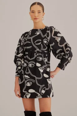 BLACK RICHELIEU FACES MINI DRESS