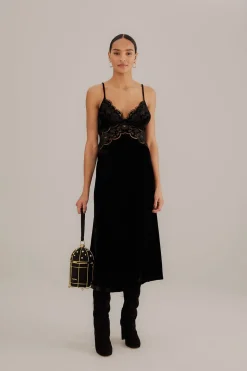 BLACK RICHELIEU VELVET SLIP DRESS
