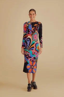BLACK 70S VIBE LENZING™ ECOVERO™ VISCOSE MIDI DRESS