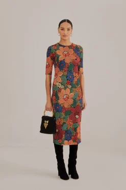 BLACK STITCHED FLOWERS LENZING™ ECOVERO™ VISCOSE MIDI DRESS
