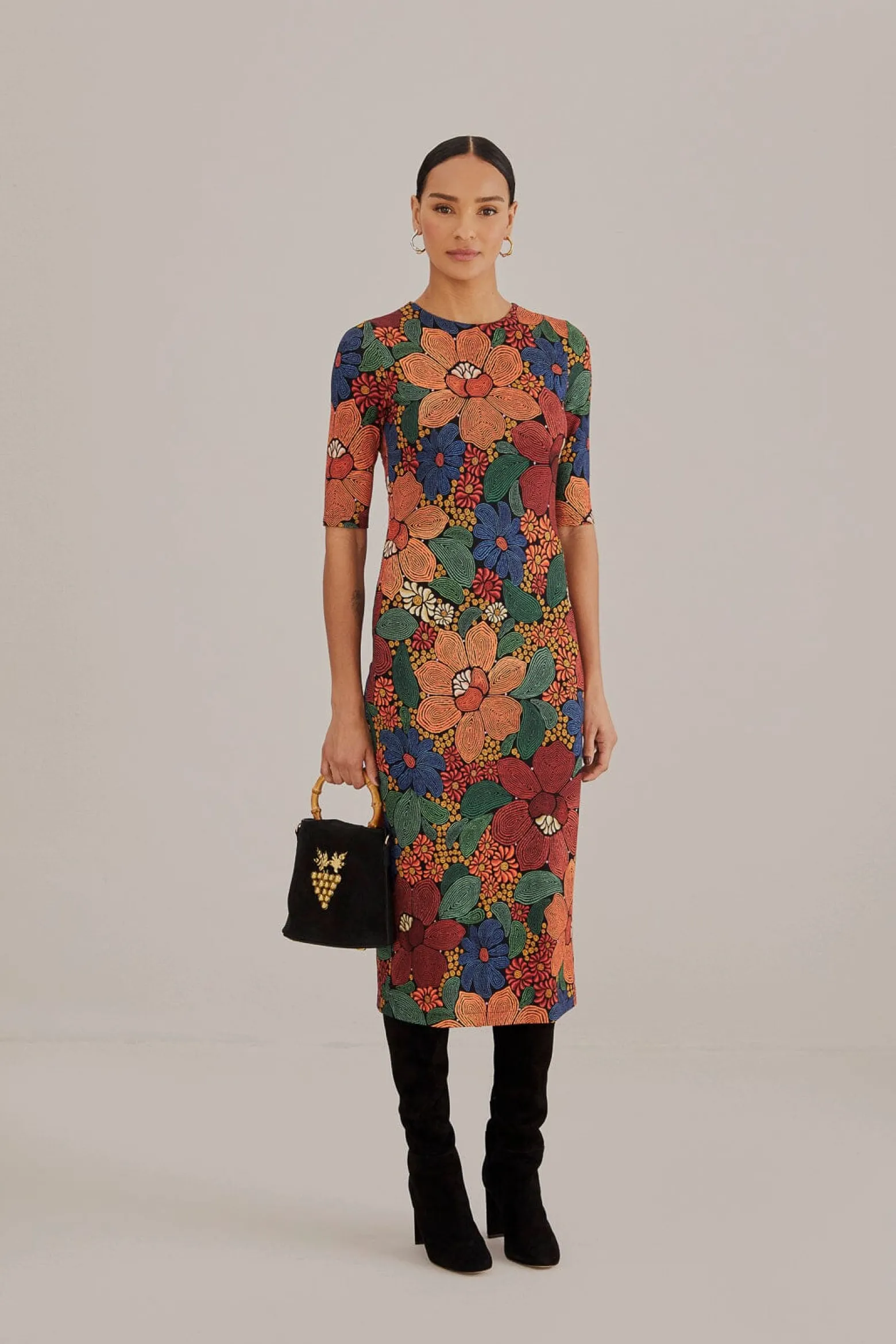 BLACK STITCHED FLOWERS LENZING™ ECOVERO™ VISCOSE MIDI DRESS