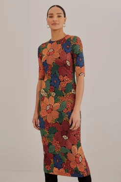  BLACK STITCHED FLOWERS LENZING™ ECOVERO™ VISCOSE MIDI DRESS