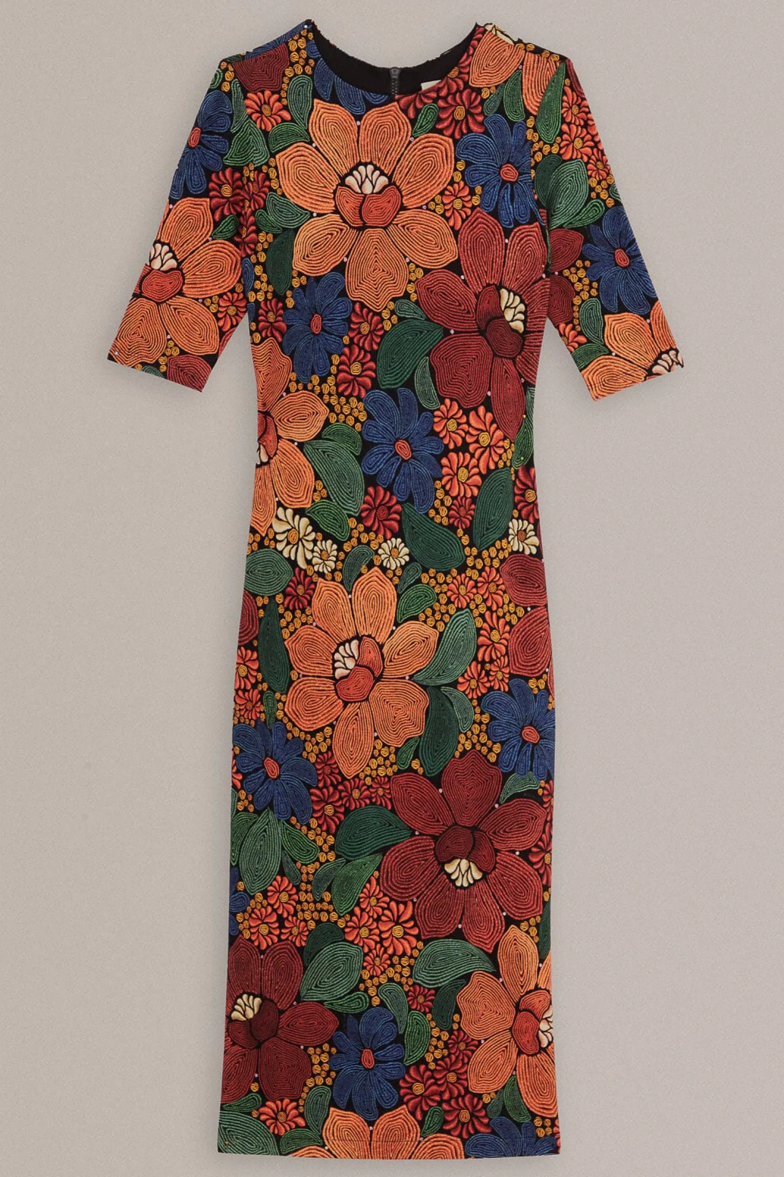 BLACK STITCHED FLOWERS LENZING™ ECOVERO™ VISCOSE MIDI DRESS