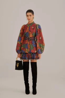  BLACK STITCHED FLOWERS LONG SLEEVE MINI DRESS