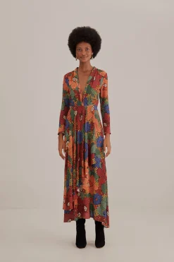  BLACK STITCHED FLOWERS V NECK MAXI DRESS