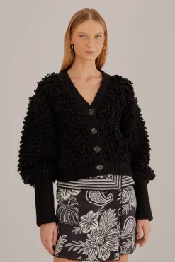 BLACK TEXTURED V NECK CARDIGAN