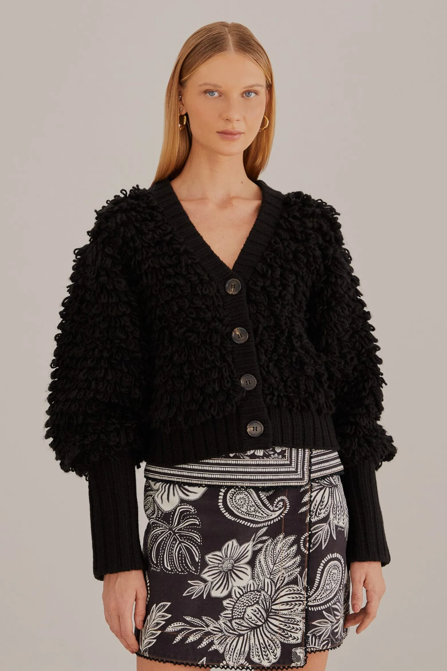 BLACK TEXTURED V NECK CARDIGAN