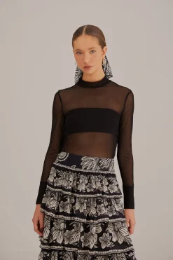 BLACK TULLE LONG SLEEVE BLOUSE
