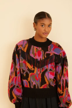 BLACK WILD HORSES FRINGE SWEATER