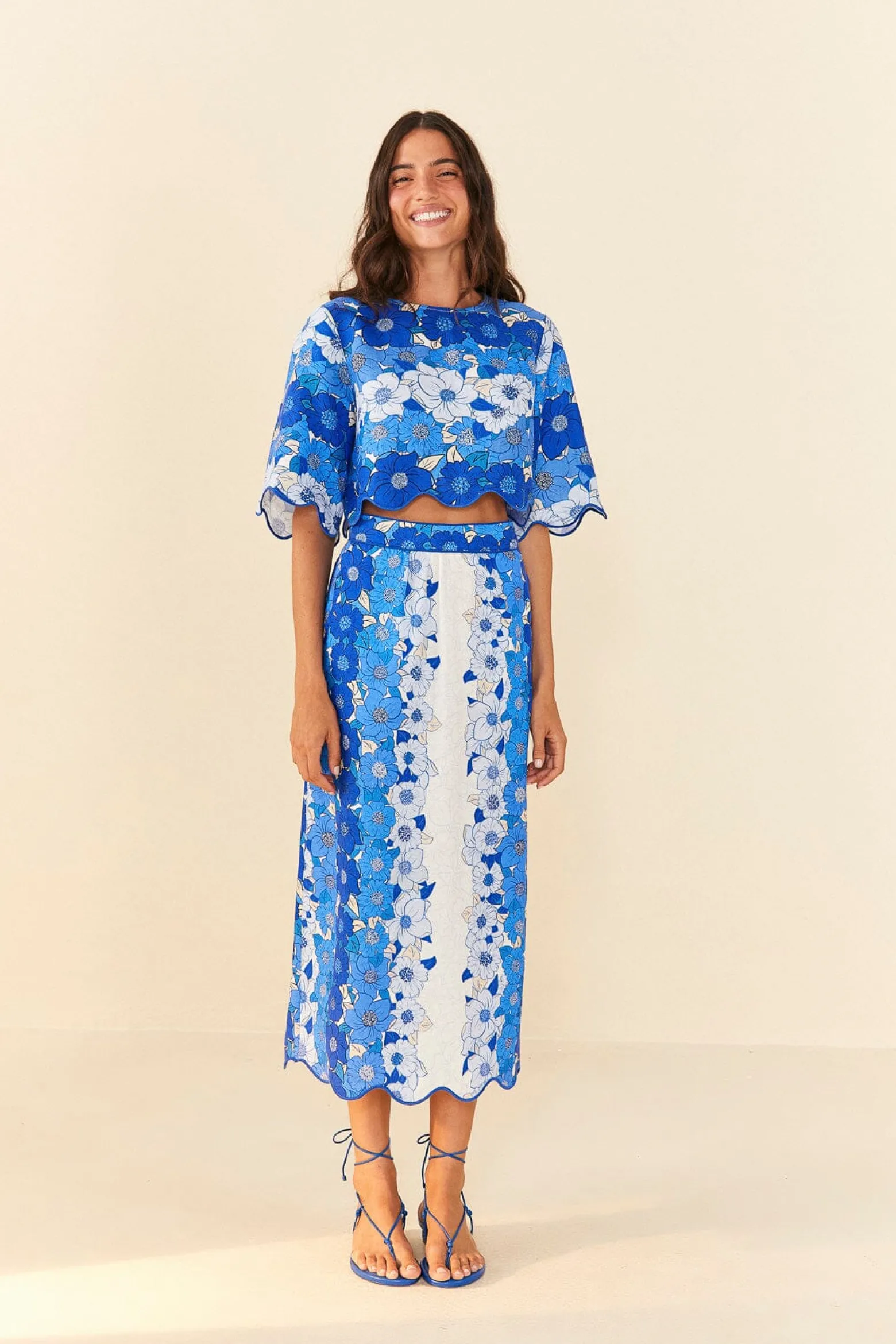 BLUE FLOWER STRIPES MIDI SKIRT