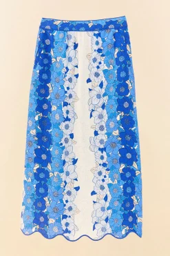 BLUE FLOWER STRIPES MIDI SKIRT