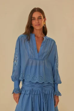 BLUE LONG SLEEVE ORGANIC COTTON BLOUSE